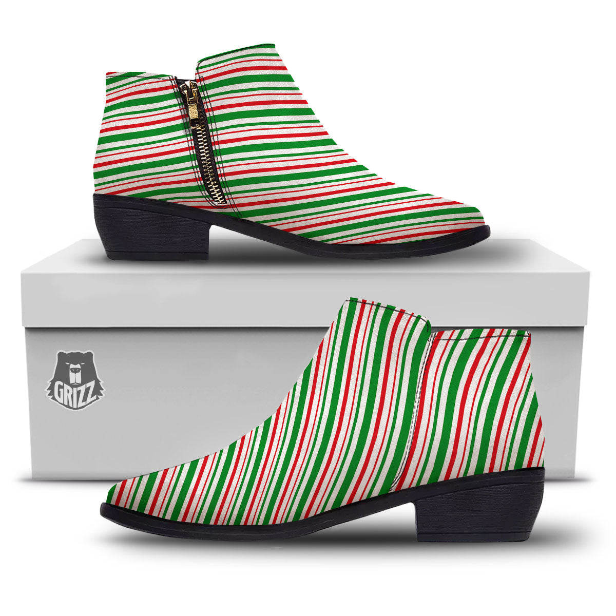 White Candy Cane And Red Green Print Ankle Boots-grizzshop