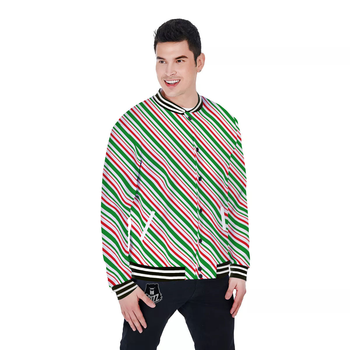 White Candy Cane And Red Green Print Baseball Jacket-grizzshop