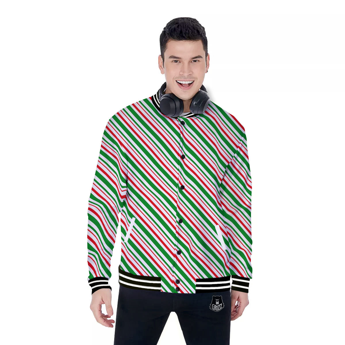White Candy Cane And Red Green Print Baseball Jacket-grizzshop
