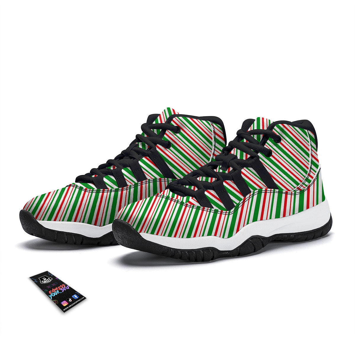 White Candy Cane And Red Green Print Black Bball Shoes-grizzshop