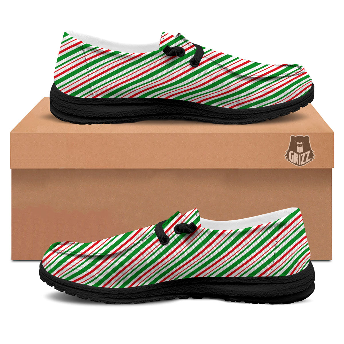 White Candy Cane And Red Green Print Black Loafers-grizzshop