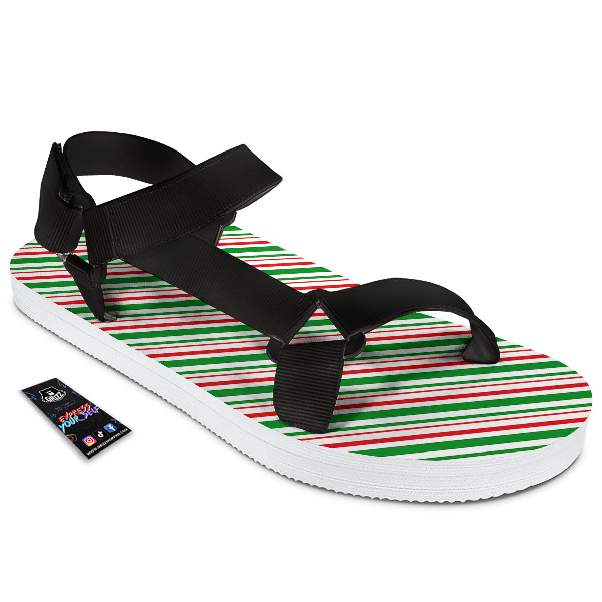 White Candy Cane And Red Green Print Black Open Toe Sandals-grizzshop