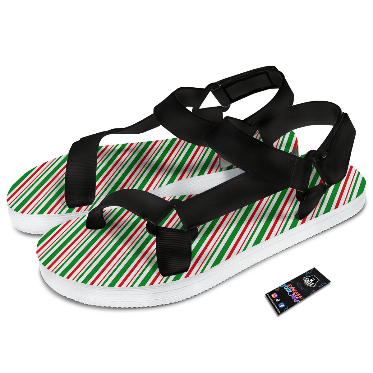 White Candy Cane And Red Green Print Black Open Toe Sandals-grizzshop