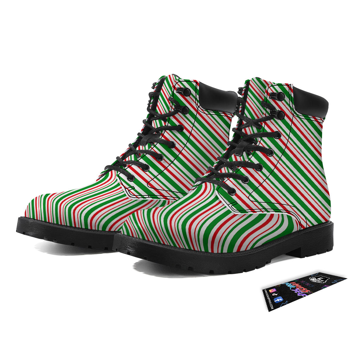 White Candy Cane And Red Green Print Boots-grizzshop