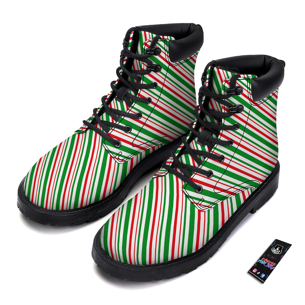 White Candy Cane And Red Green Print Boots-grizzshop
