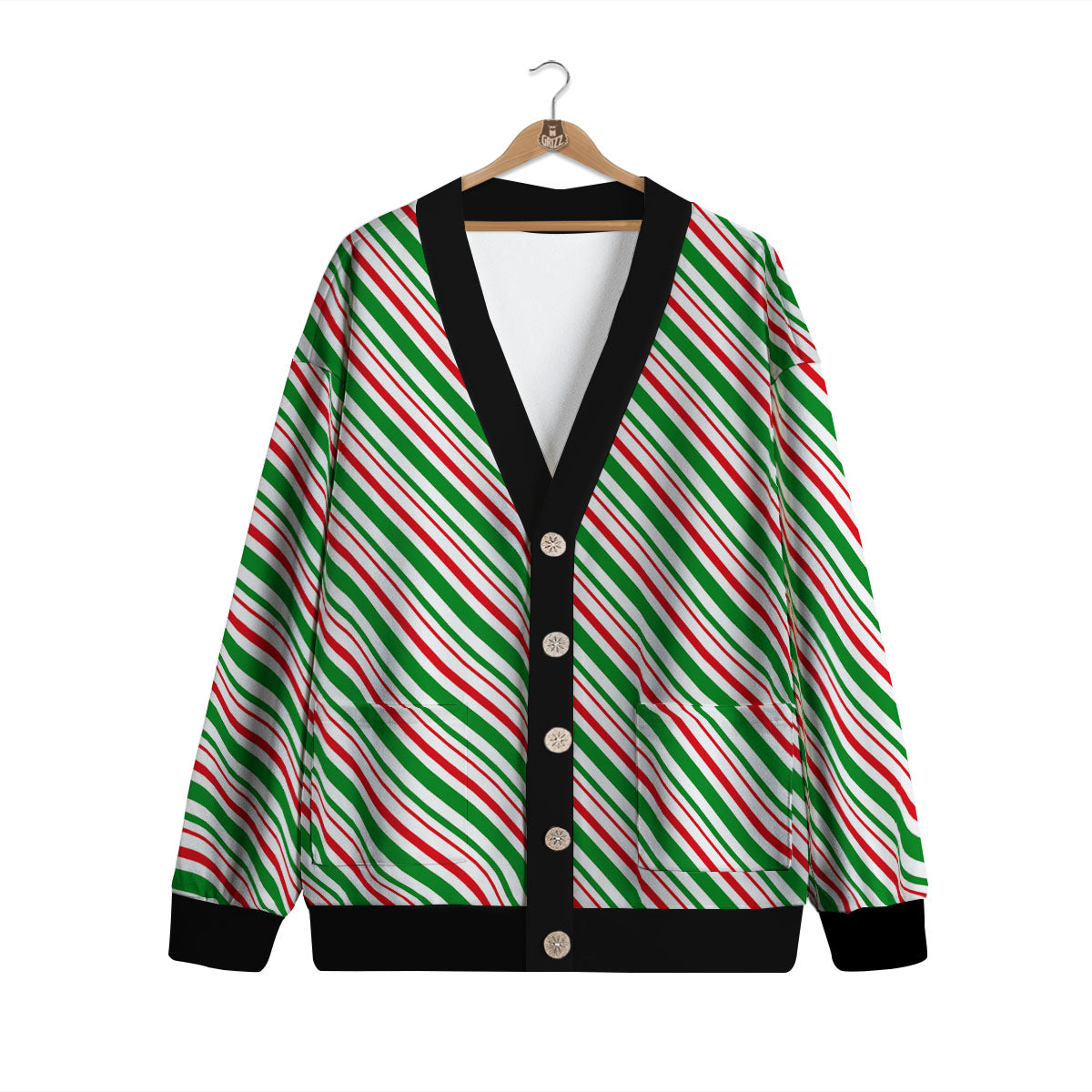 White Candy Cane And Red Green Print Cardigan-grizzshop