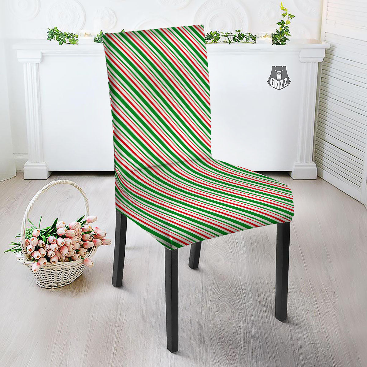 White Candy Cane And Red Green Print Dining Chair Slipcover-grizzshop