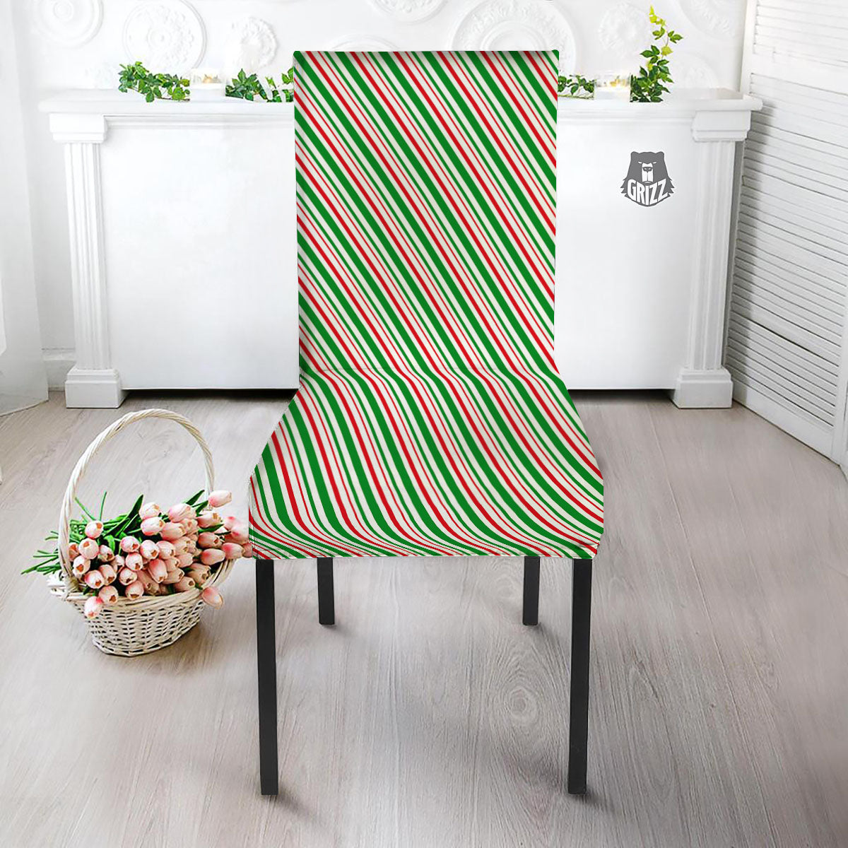 White Candy Cane And Red Green Print Dining Chair Slipcover-grizzshop