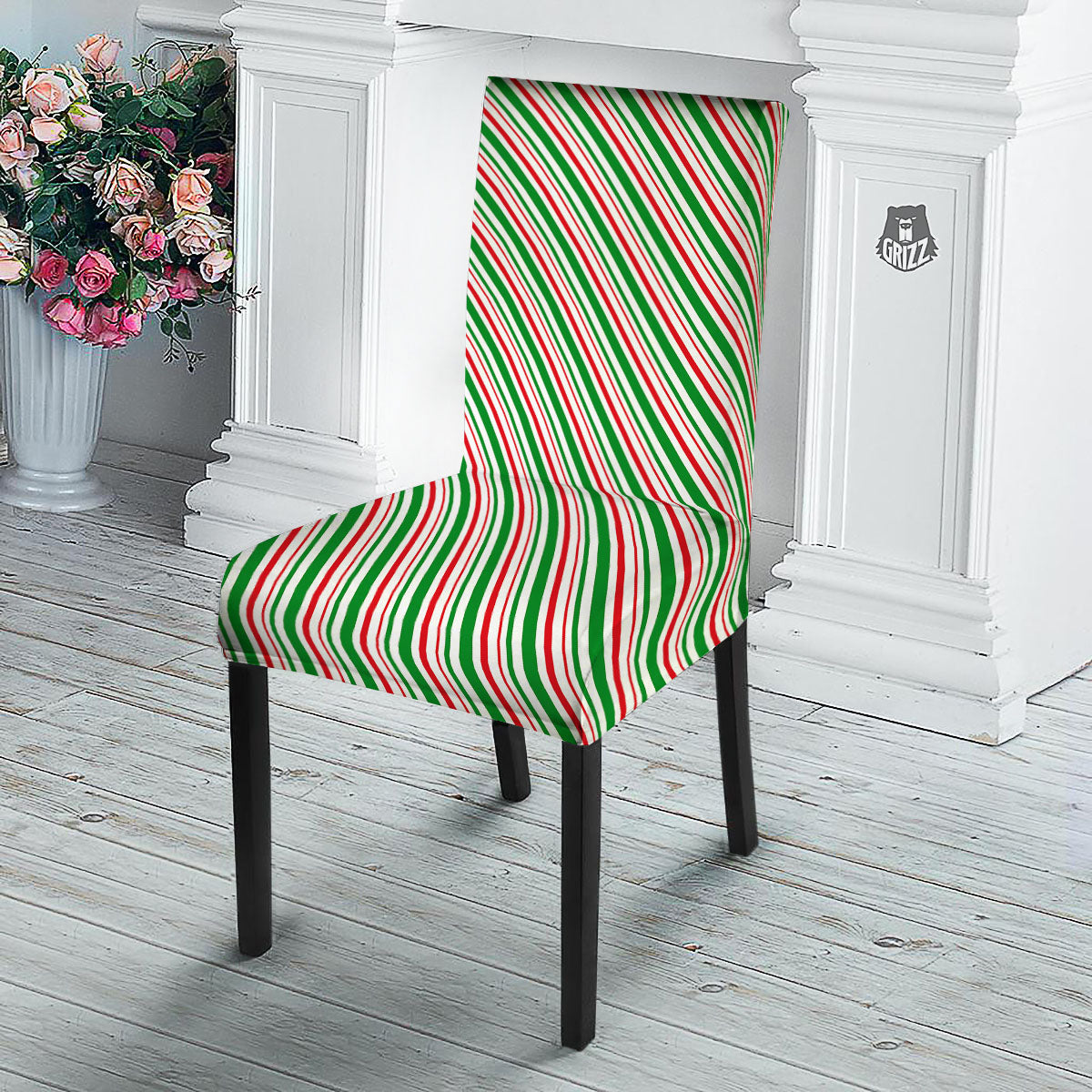 White Candy Cane And Red Green Print Dining Chair Slipcover-grizzshop