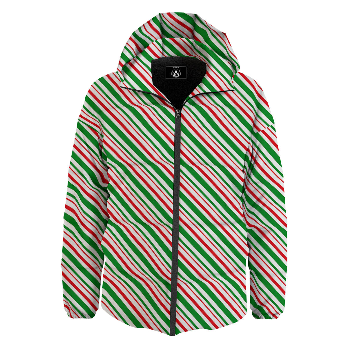 White Candy Cane And Red Green Print Down Jacket-grizzshop
