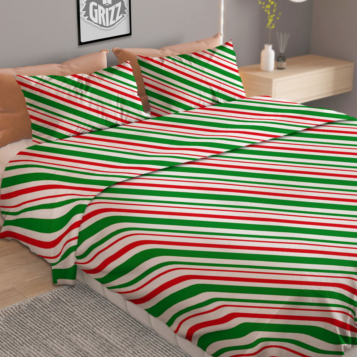 White Candy Cane And Red Green Print Duvet Cover Bedding Set