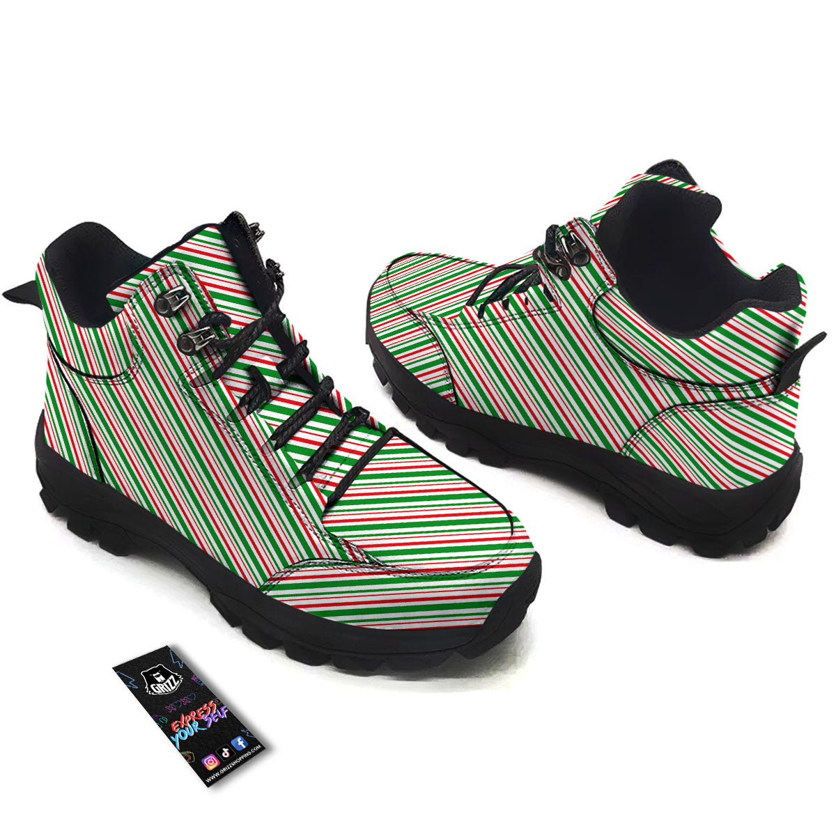 White Candy Cane And Red Green Print Hiking Shoes-grizzshop