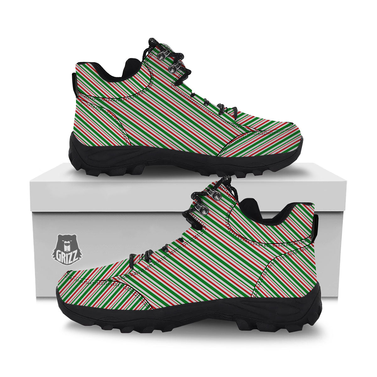 White Candy Cane And Red Green Print Hiking Shoes-grizzshop