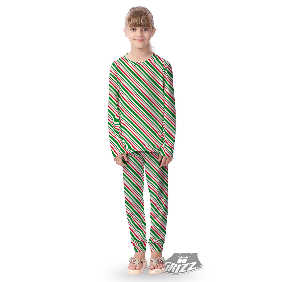 White Candy Cane And Red Green Print Kid's Pajamas-grizzshop