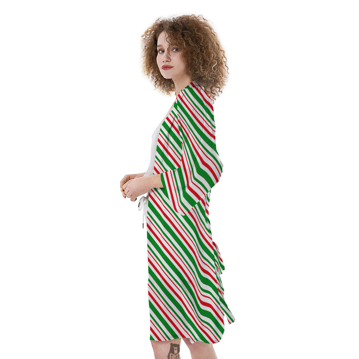 White Candy Cane And Red Green Print Kimono-grizzshop