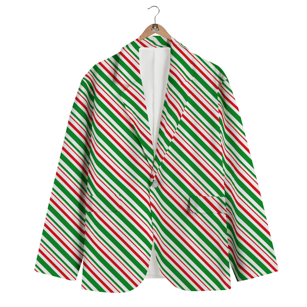 White Candy Cane And Red Green Print Men's Blazer-grizzshop