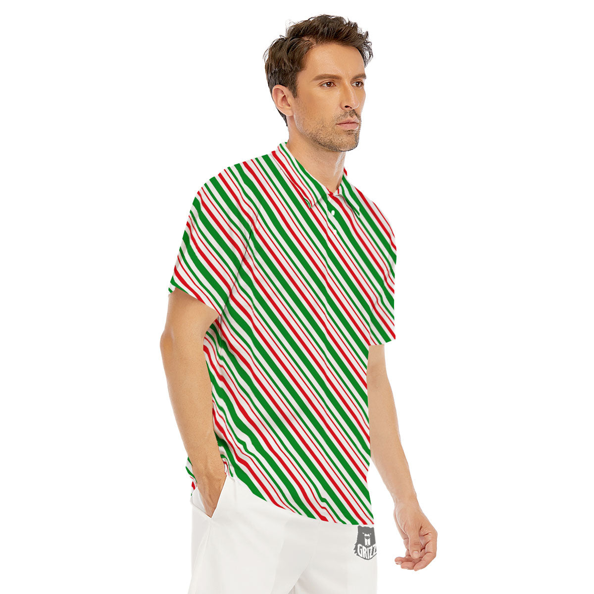 White Candy Cane And Red Green Print Men's Golf Shirts-grizzshop