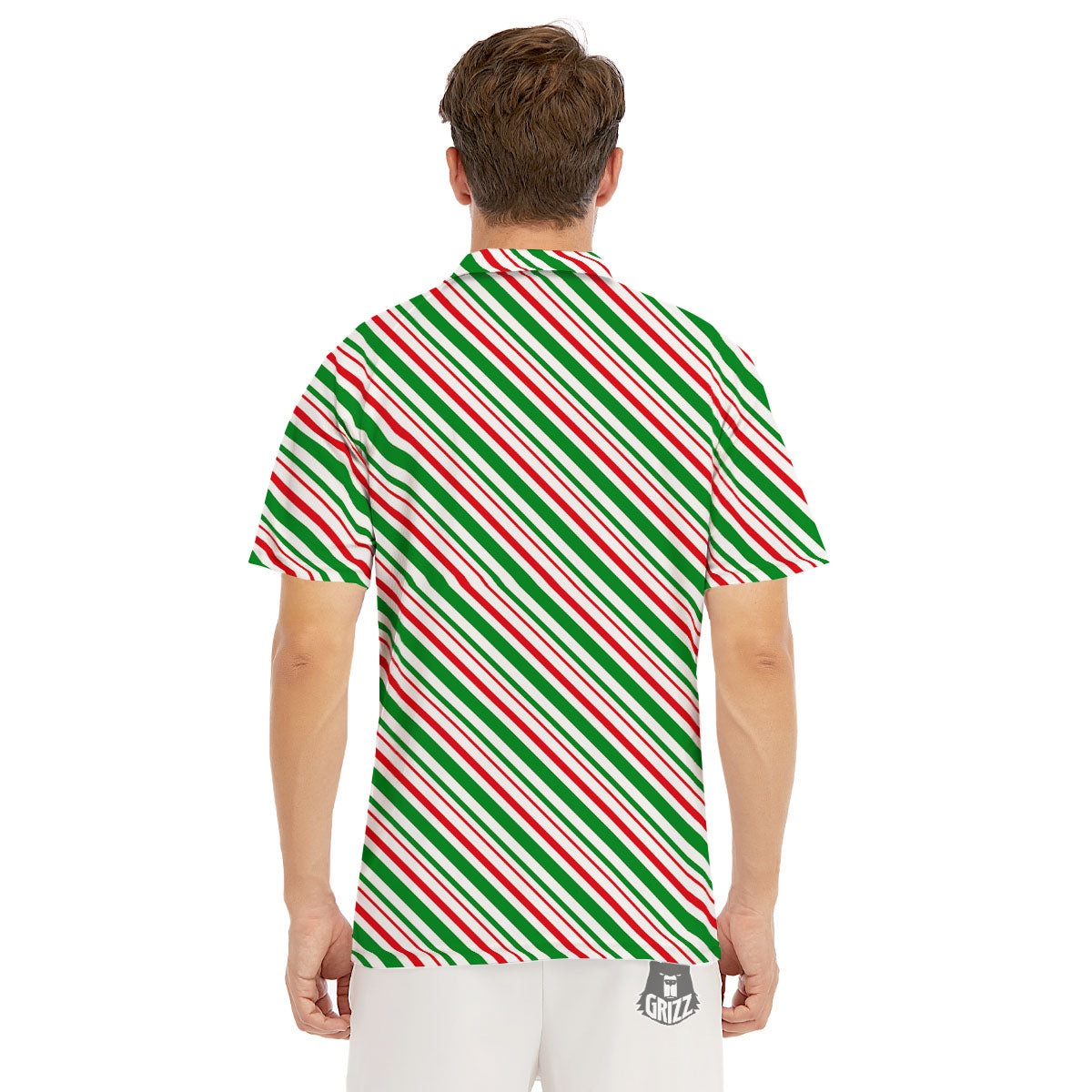 White Candy Cane And Red Green Print Men's Golf Shirts-grizzshop