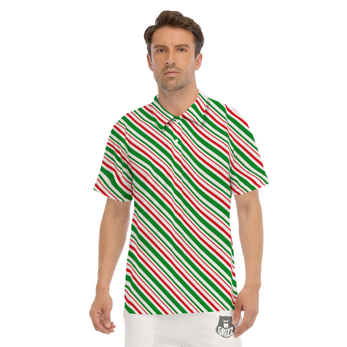 White Candy Cane And Red Green Print Men's Golf Shirts-grizzshop