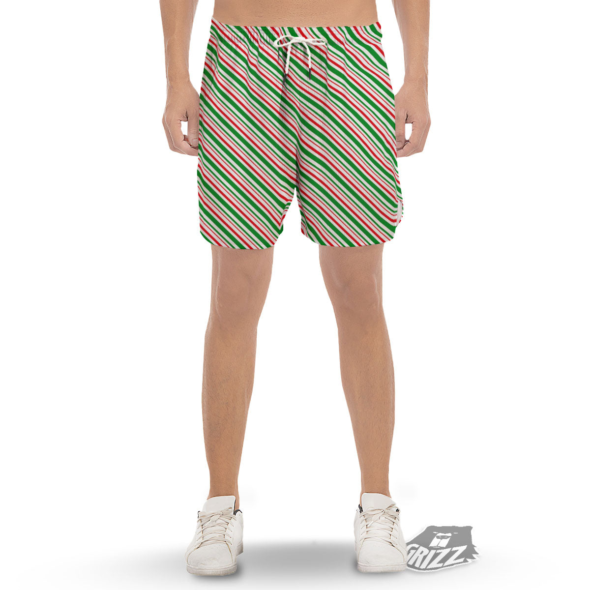 White Candy Cane And Red Green Print Men's Gym Shorts-grizzshop
