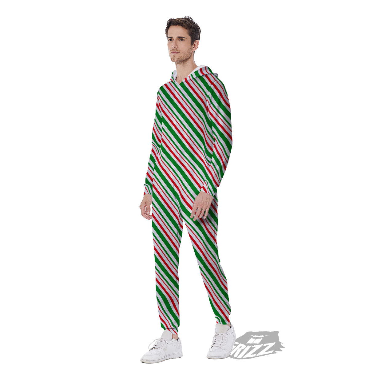 White Candy Cane And Red Green Print Men's Jumpsuit-grizzshop