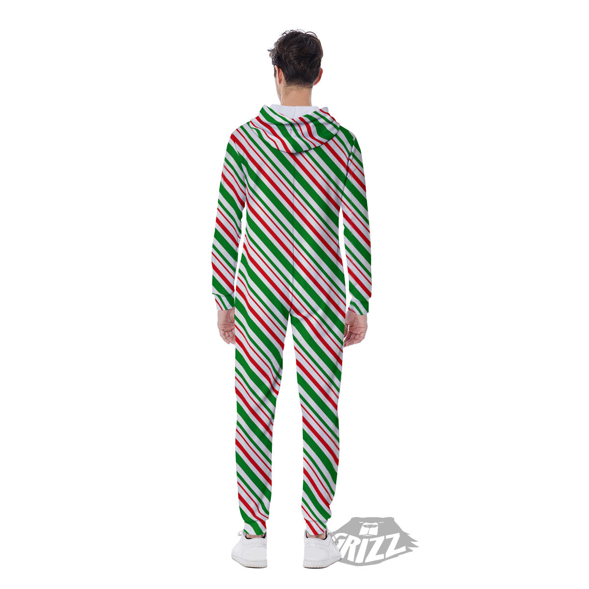 White Candy Cane And Red Green Print Men's Jumpsuit-grizzshop