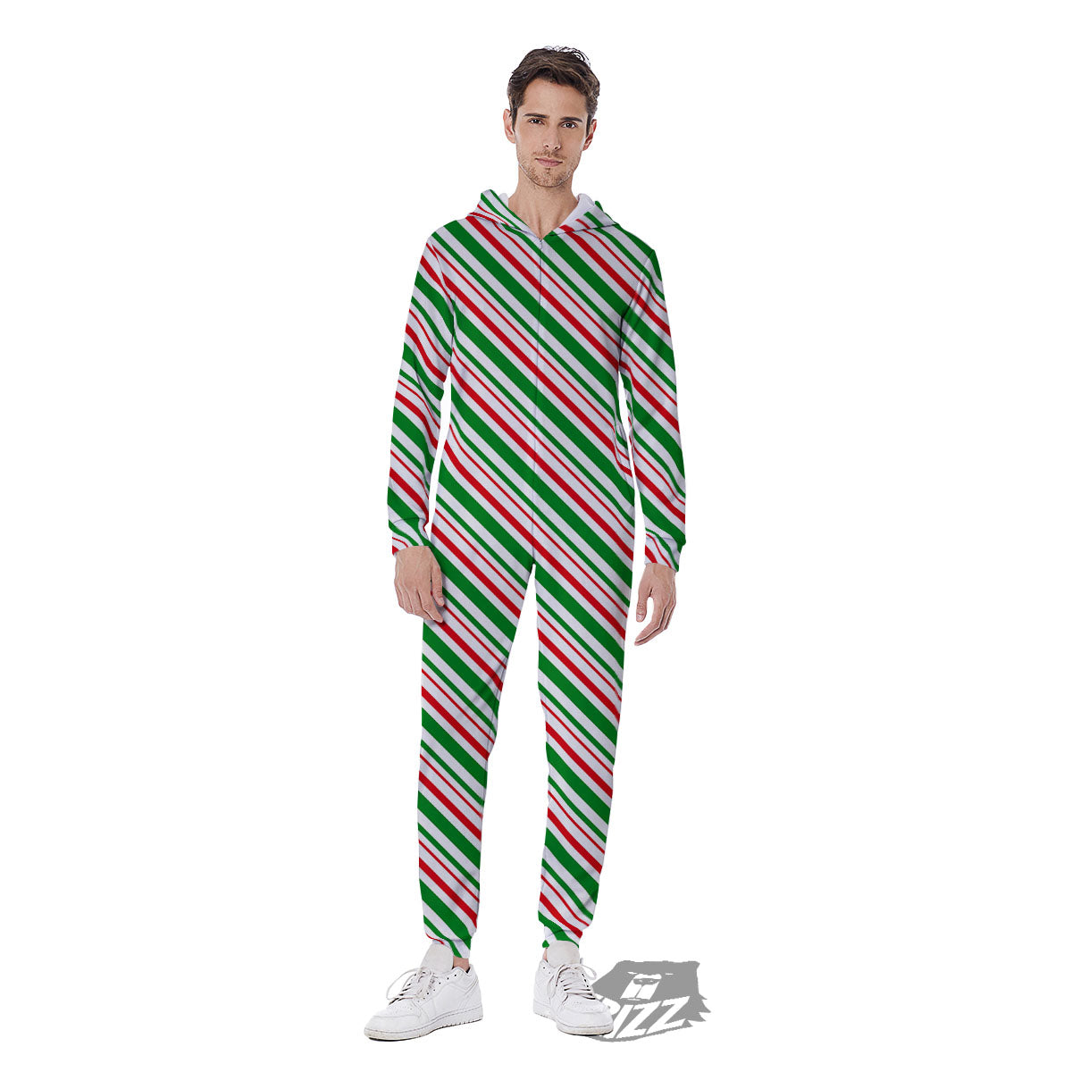 White Candy Cane And Red Green Print Men's Jumpsuit-grizzshop