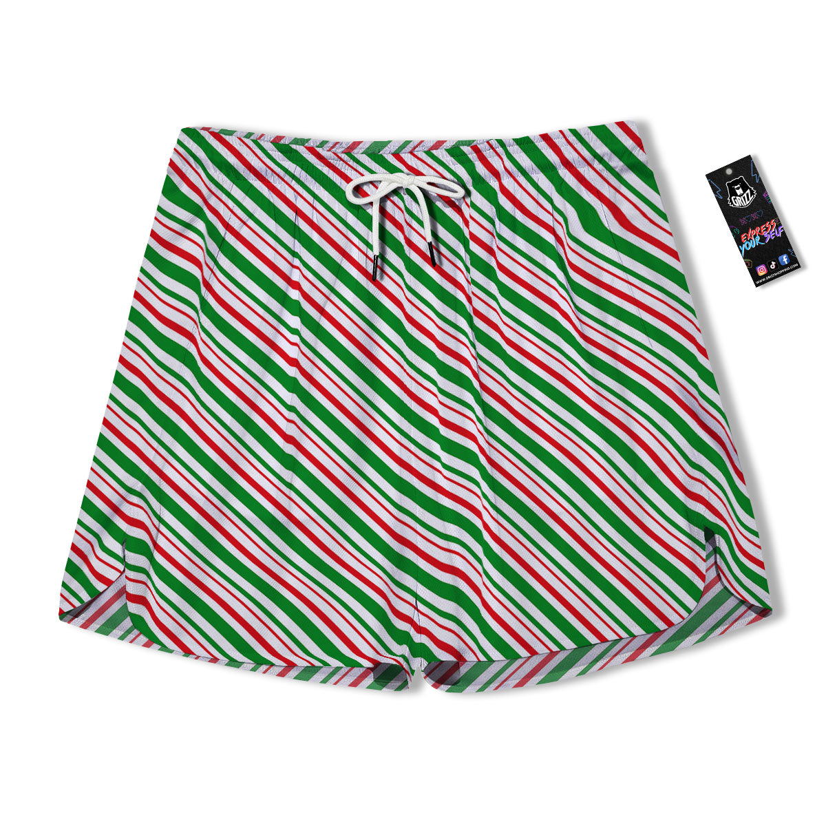 White Candy Cane And Red Green Print Men's Running Shorts-grizzshop