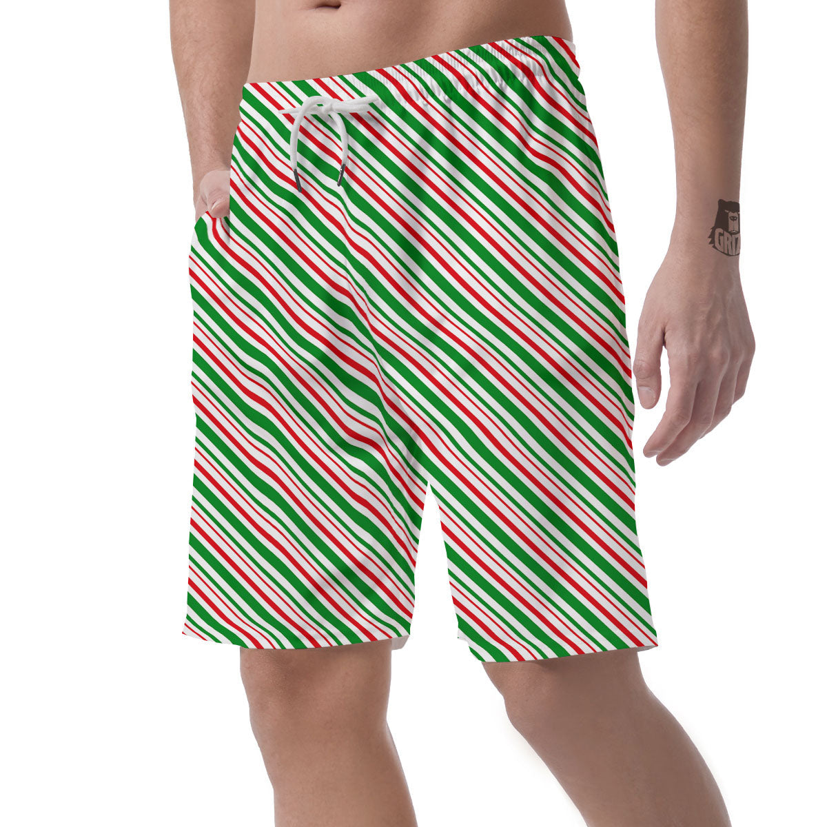 White Candy Cane And Red Green Print Men's Shorts-grizzshop