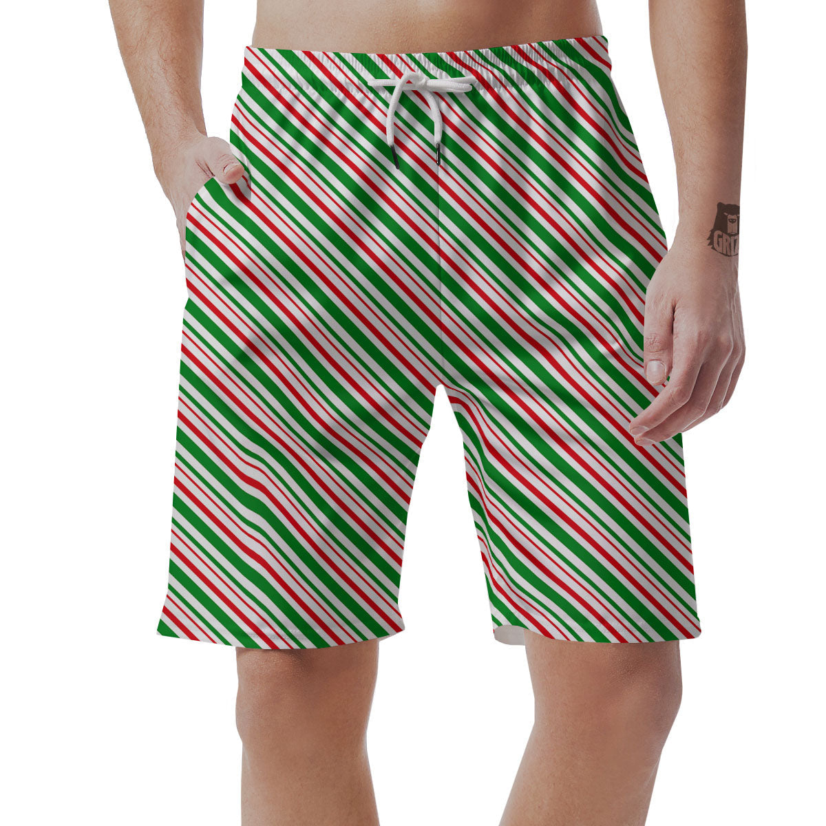White Candy Cane And Red Green Print Men's Shorts-grizzshop