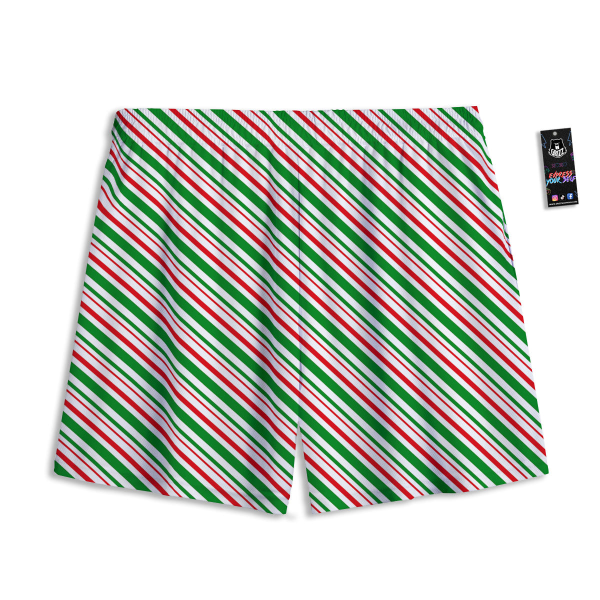White Candy Cane And Red Green Print Mesh Shorts