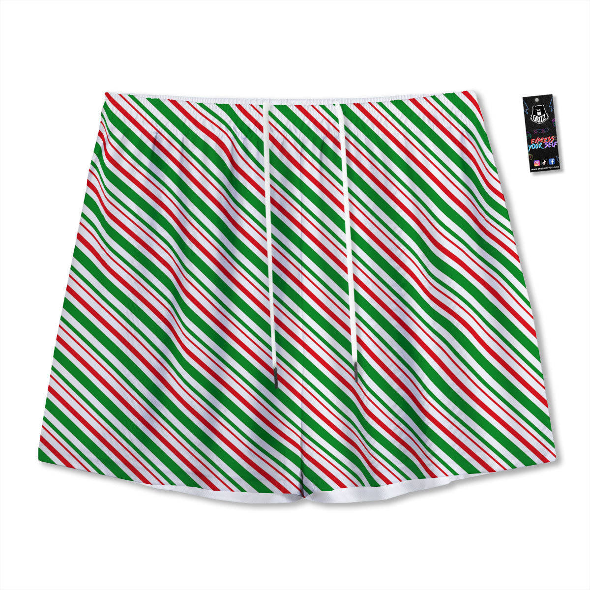 White Candy Cane And Red Green Print Mesh Shorts