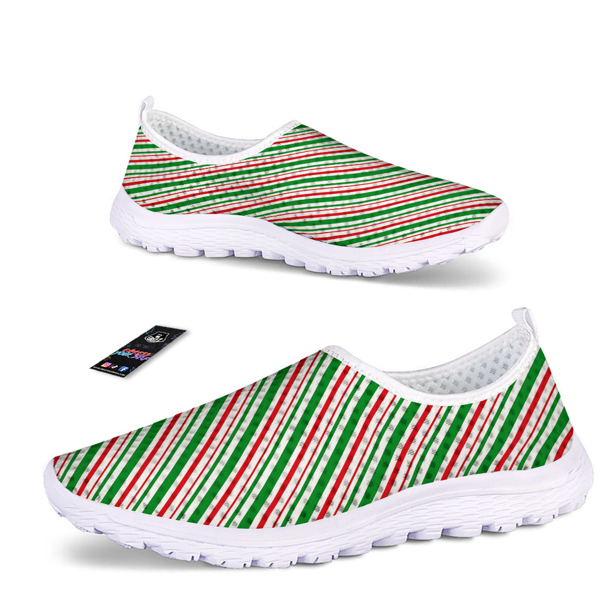 White Candy Cane And Red Green Print Nurse Shoes-grizzshop