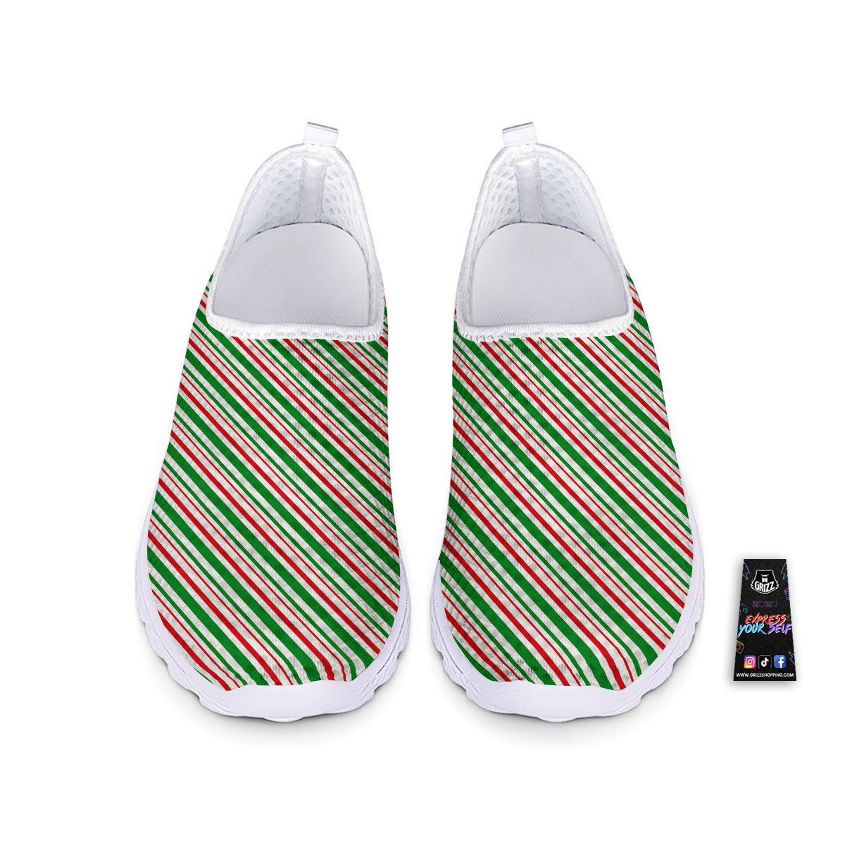 White Candy Cane And Red Green Print Nurse Shoes-grizzshop