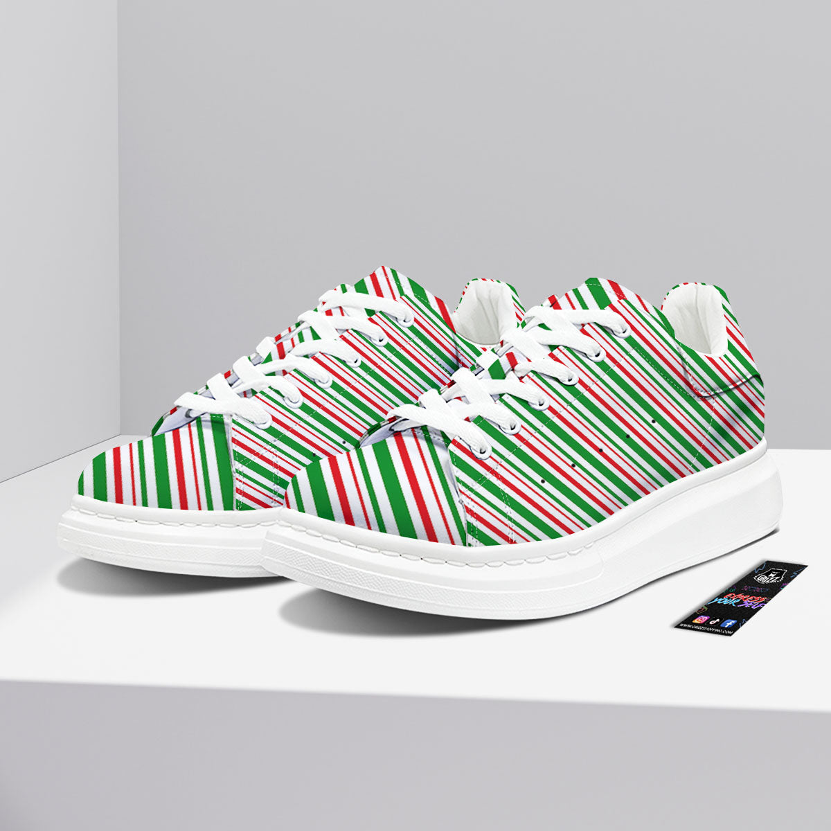 White Candy Cane And Red Green Print Platform Shoes-grizzshop