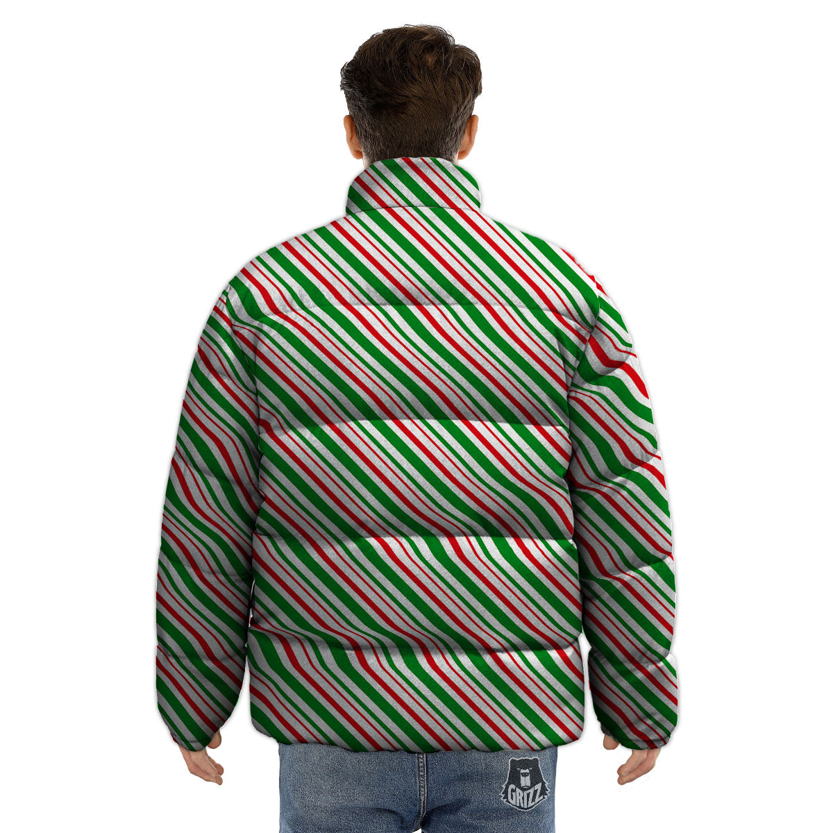 White Candy Cane And Red Green Print Puffer Jacket-grizzshop