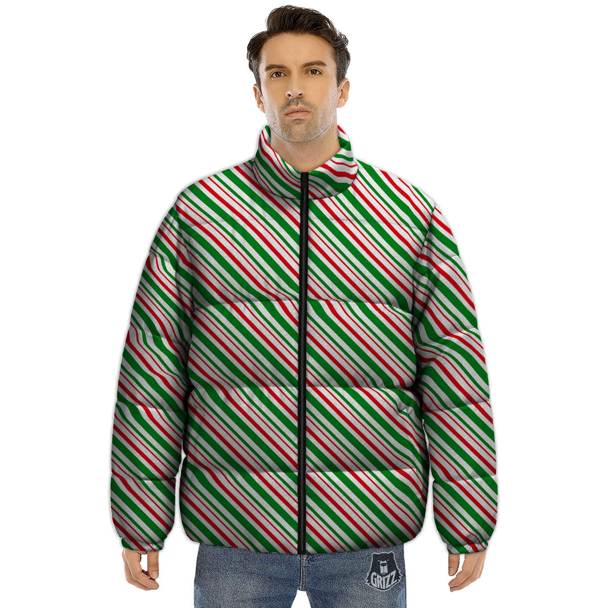 White Candy Cane And Red Green Print Puffer Jacket-grizzshop