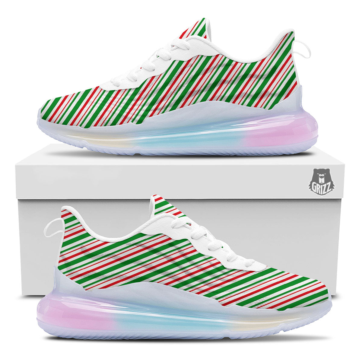 White Candy Cane And Red Green Print Running Sneakers-grizzshop