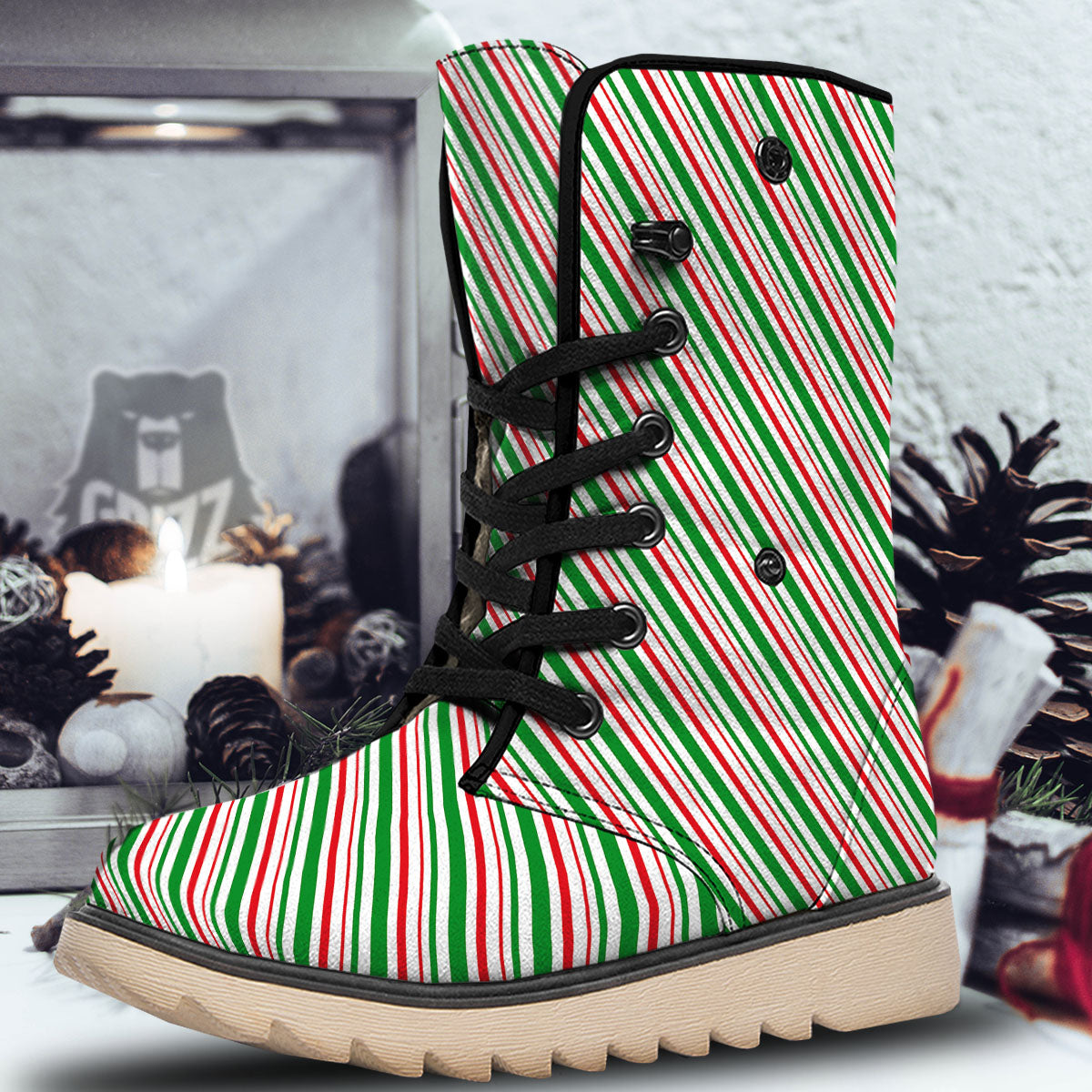 White Candy Cane And Red Green Print Snow Boots-grizzshop