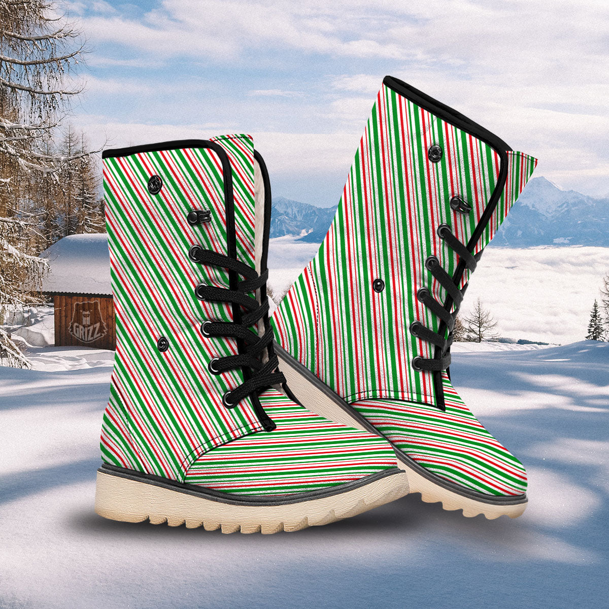 White Candy Cane And Red Green Print Snow Boots-grizzshop