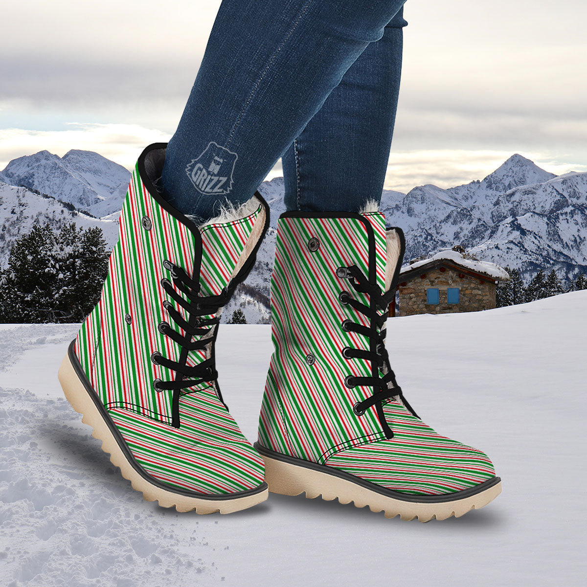 White Candy Cane And Red Green Print Snow Boots-grizzshop