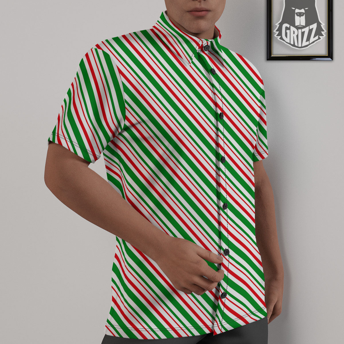 White Candy Cane And Red Green Print Untucked Shirts-grizzshop