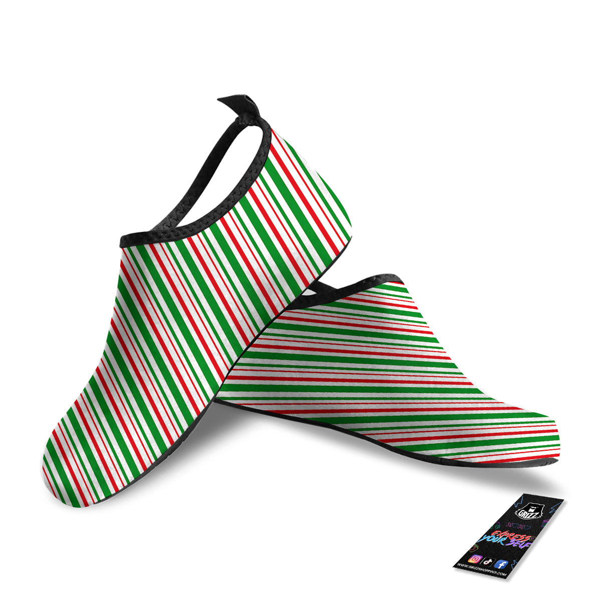 White Candy Cane And Red Green Print Water Shoes-grizzshop
