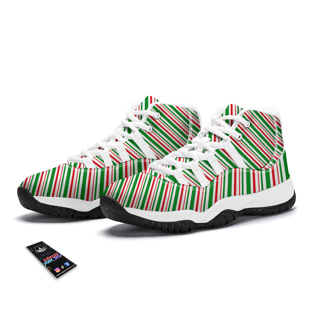 White Candy Cane And Red Green Print White Bball Shoes-grizzshop