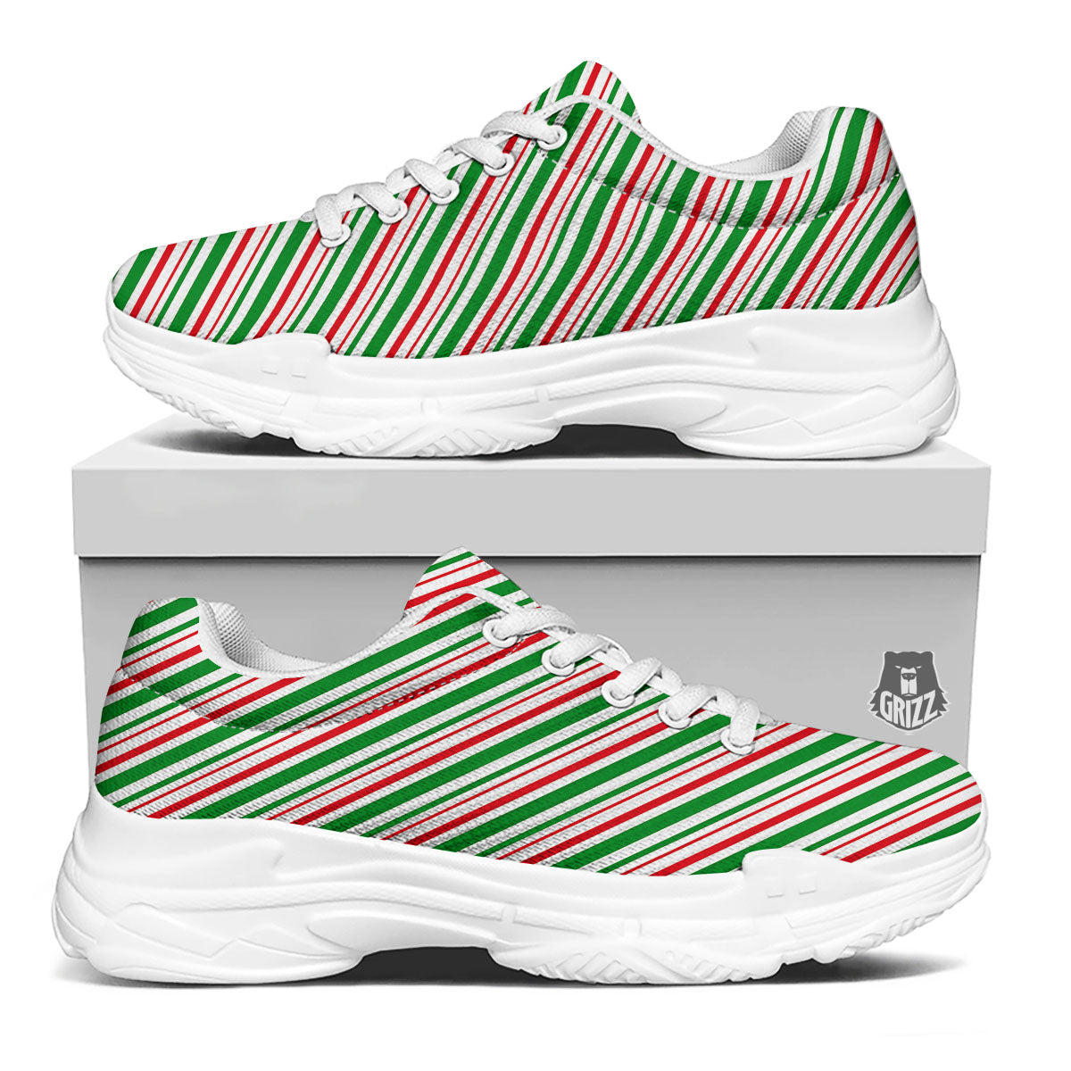 White Candy Cane And Red Green Print White Chunky Shoes-grizzshop