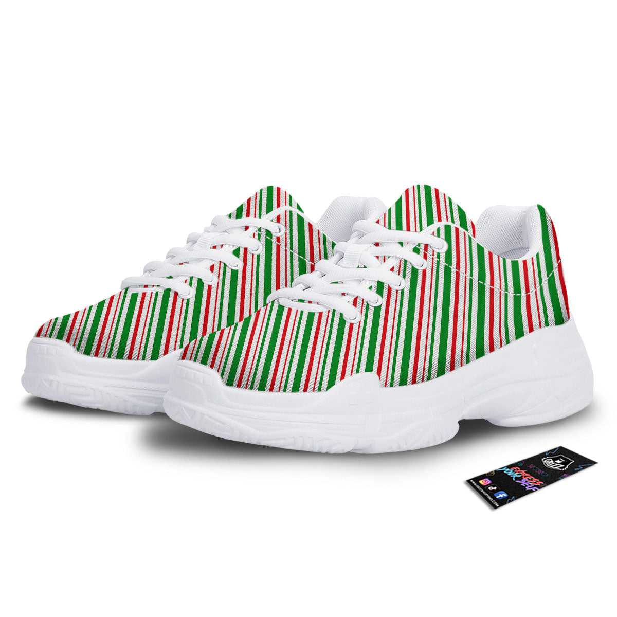 White Candy Cane And Red Green Print White Chunky Shoes-grizzshop