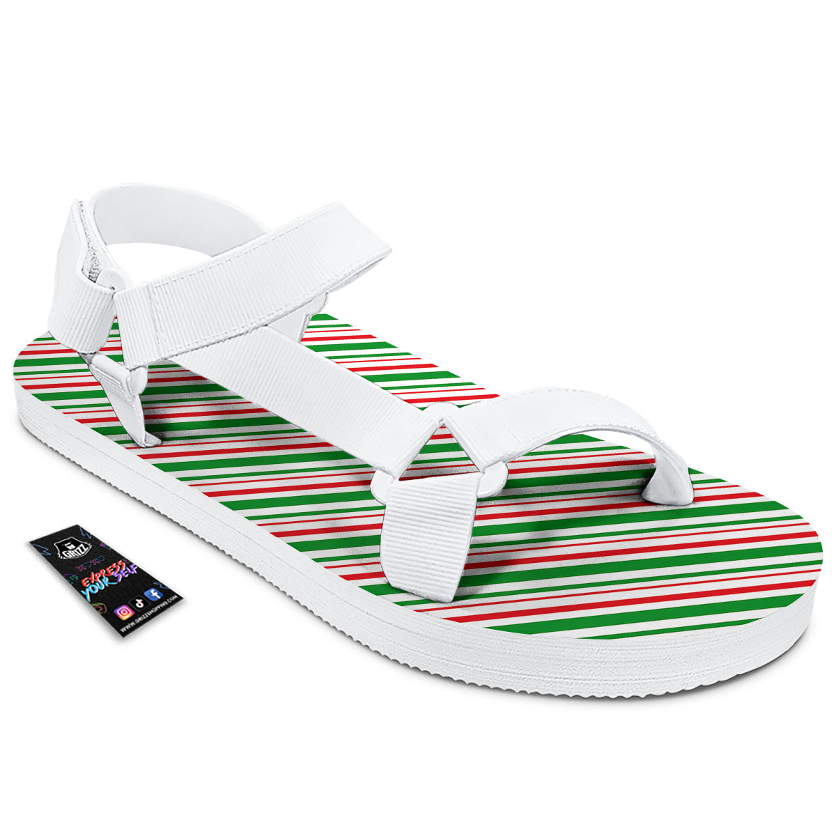 White Candy Cane And Red Green Print White Open Toe Sandals-grizzshop