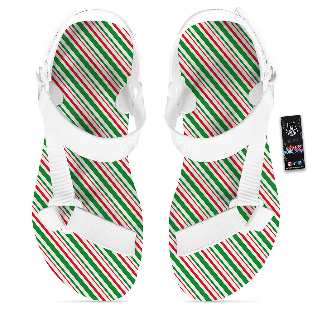 White Candy Cane And Red Green Print White Open Toe Sandals-grizzshop