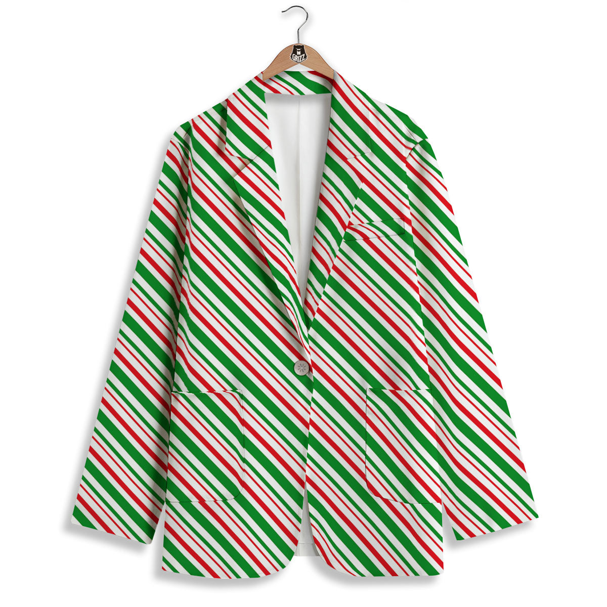 White Candy Cane And Red Green Print Women's Blazer-grizzshop