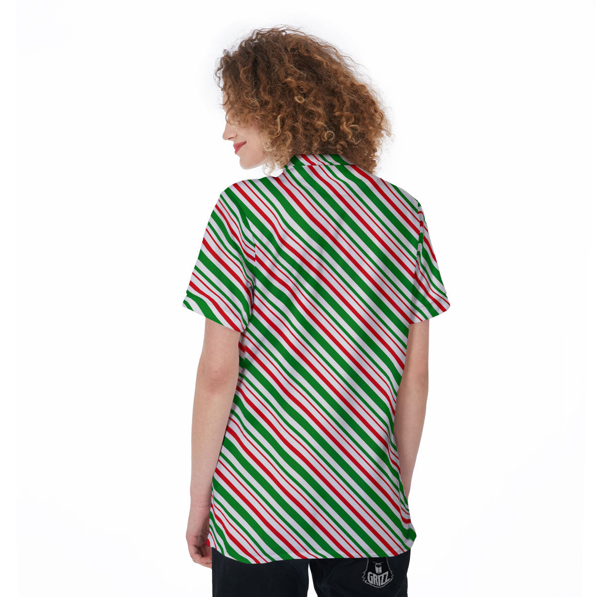 White Candy Cane And Red Green Print Women's Golf Shirts-grizzshop